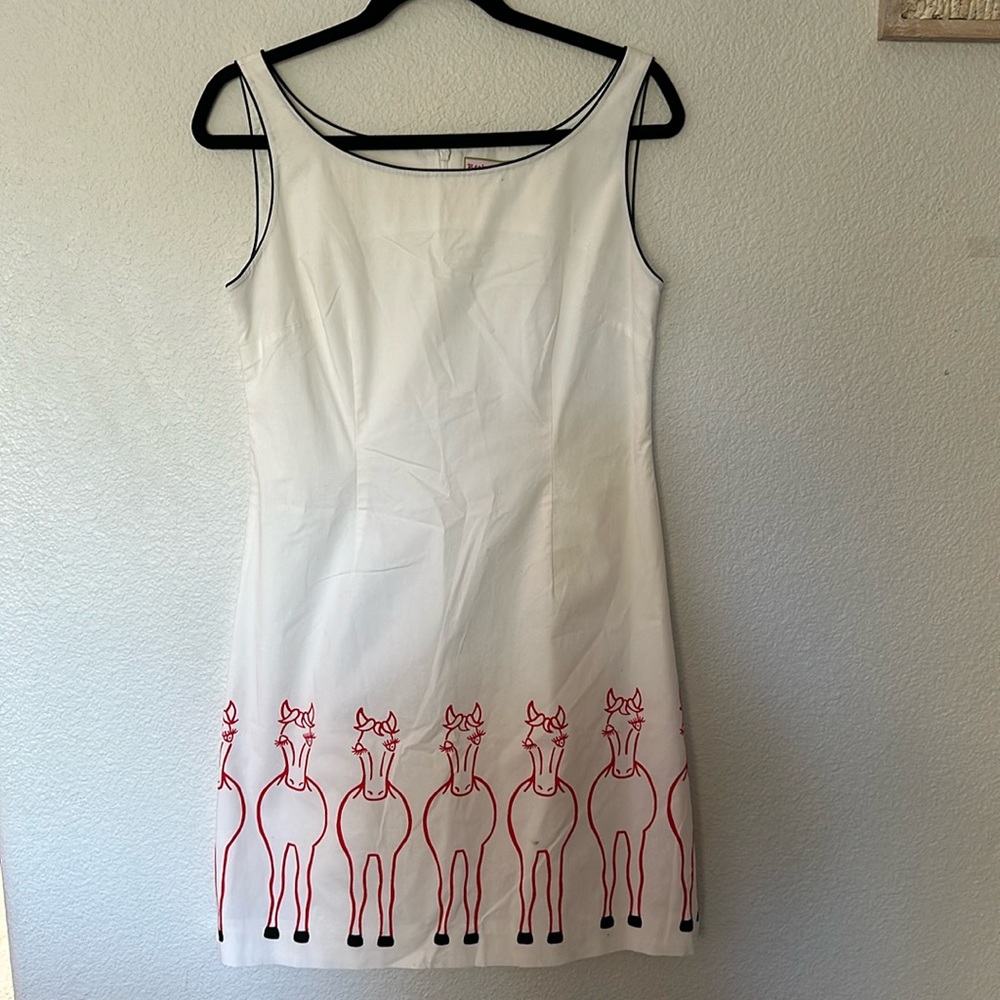 Vintage White Dress with Red Horse Design